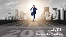  Presentation with 2019 - PPT theme consisting of first tracks - businessman on finishing line background and a gray colored foreground