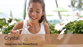  Presentation with hawaii food - Slides having fish - asian woman eating a fresh background and a coral colored foreground