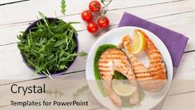  Presentation with salmon grilled fish salmon grilled - Slides having fish - grilled salmon and salad background and a soft green colored foreground