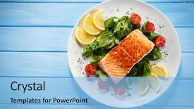  Presentation with salmon fish - PPT theme having fish - grilled salmon and vegetables background and a light blue colored foreground