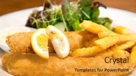  Presentation with food fish - Beautiful presentation theme featuring fish and chips british food backdrop and a gold colored foreground