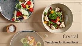  Presentation with rustic nutrition - Colorful PPT theme enhanced with fish-and-vegetables-salads backdrop and a coral colored foreground