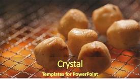  Presentation with fish ball - Presentation theme consisting of camp fire winter time - fish ball on barbecue metal background and a tawny brown colored foreground