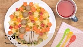  Presentation with cute vegetables - Audience pleasing PPT theme consisting of meatballs with vegetables and rice backdrop and a coral colored foreground