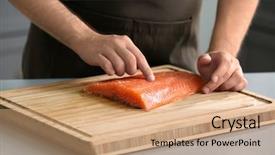  Presentation with bone fish - PPT theme featuring fish bone - man cooking salmon fillet background and a coral colored foreground