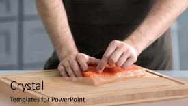  Presentation with cooking equipment kitchen utensils - Cool new PPT layouts with fish bone - man cooking salmon fillet backdrop and a coral colored foreground