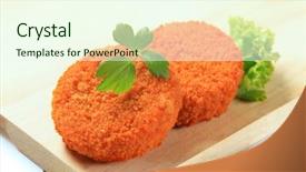  Presentation with cutting board - Colorful theme enhanced with fish cake - fried breaded cheese backdrop and a cream colored foreground