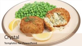  Presentation with peas - Presentation theme consisting of fish cake - haddock fishcakes with peas background and a coral colored foreground
