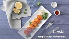  Presentation with salmon - Slide deck featuring fish cake - plate with delicious salmon croquettes background and a gray colored foreground