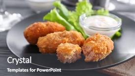  Presentation with table meal plan for osteotphorosis - PPT layouts consisting of fish cake - plate with tasty salmon croquettes background and a dark gray colored foreground