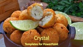  Presentation with salt evaporation ponds on gozo - Presentation theme enhanced with fish cake - salt cod croquettes bolinhos de background and a tawny brown colored foreground