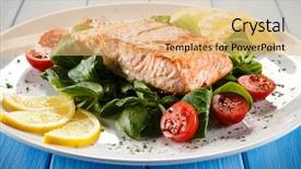  Presentation with salmon grilled fish salmon grilled - Colorful presentation enhanced with fish chip - grilled salmon and vegetables backdrop and a yellow colored foreground