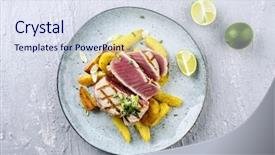  Presentation with tuna fish - Audience pleasing slides consisting of fish chip - tuna steak with fries backdrop and a sky blue colored foreground