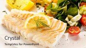  Presentation with fish - Theme featuring fish dish - fish fillet background and a lemonade colored foreground