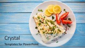  Presentation with fish tutrtle - Beautiful theme featuring fish dish - fried cod backdrop and a light blue colored foreground