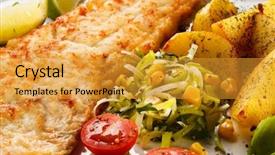  Presentation with trout fish file - Beautiful theme featuring fish dish - fried fish fillet backdrop and a gold colored foreground