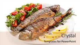  Presentation with food fish - Slide deck consisting of fish dish - fried fish fillet background and a coral colored foreground