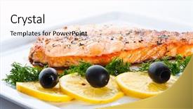  Presentation with salmon grilled fish salmon grilled - Audience pleasing presentation consisting of fish dish - grilled salmon backdrop and a sky blue colored foreground