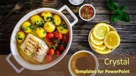  Presentation with fish - Amazing PPT layouts having fish-dish-baked-cod-fillet backdrop and a tawny brown colored foreground