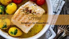  Presentation with cherry - Colorful slide deck enhanced with fish-dish-baked-cod-fillet backdrop and a gold colored foreground