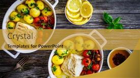  Presentation with fish - Theme having fish-dish-baked-cod-fillet background and a gold colored foreground
