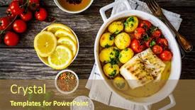  Presentation with fish - Beautiful PPT layouts featuring fish-dish-baked-cod-fillet backdrop and a coral colored foreground