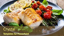  Presentation with fish - Colorful presentation theme enhanced with fish-dish-fried-cod-fillet backdrop and a tawny brown colored foreground