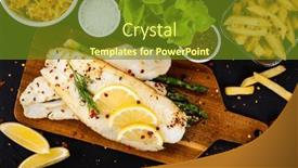  Presentation with green plate - PPT theme with fish-dish-fried-fish-fillet background and a tawny brown colored foreground