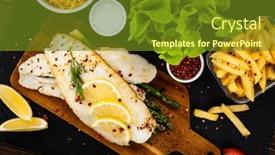  Presentation with green plate - Slide deck with fish-dish-fried-fish-fillet background and a tawny brown colored foreground