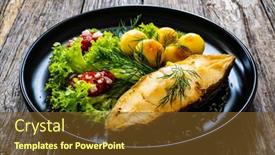  Presentation with leafy greens - Presentation design with fish-dish-fried-halibut background and a  colored foreground