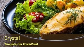  Presentation with leafy greens - Presentation design consisting of fish-dish-fried-halibut background and a tawny brown colored foreground