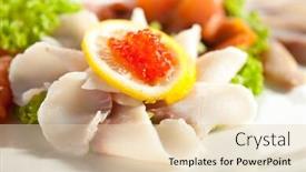  Presentation with salmon dish - Audience pleasing presentation consisting of fish dish - trout mackerel salmon and red caviar backdrop and a lemonade colored foreground