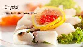  Presentation with salmon dish - Amazing presentation design having fish dish - trout mackerel salmon and red caviar backdrop and a coral colored foreground