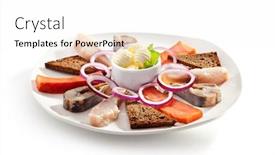  Presentation with salmon dish - Theme consisting of fish dish - trout mackerel salmon and butter bowl background and a white colored foreground