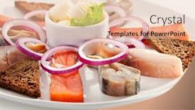  Presentation with salmon dish - Colorful presentation design enhanced with fish-dish-trout-mackerel-salmon backdrop and a lemonade colored foreground