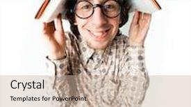  Presentation with eye - PPT theme enhanced with fish-eye shot of intelligent guy holding book on his head and smiling background and a mint green colored foreground