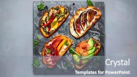  Presentation with holiday - PPT theme with fish festival - set of assorted bruschetta background and a gray colored foreground