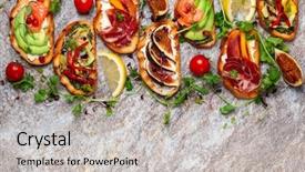  Presentation with holiday - Slides enhanced with fish festival - set of assorted bruschetta background and a light gray colored foreground
