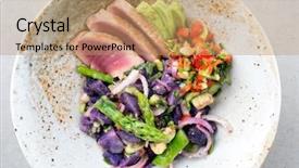  Presentation with fish tuna - PPT theme featuring violet fries - modern fried tuna fish filet background and a coral colored foreground