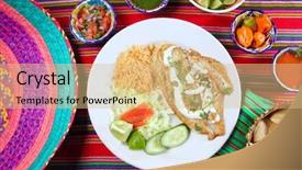  Presentation with mexican chili - Beautiful PPT theme featuring fish fillet al mojo de backdrop and a  colored foreground
