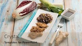  Presentation with soy sauce - Amazing presentation design having fish-fillet-braded-qith-puffed backdrop and a coral colored foreground