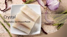  Presentation with rustic purple - Colorful slide deck enhanced with fish fillet recipes - high-angle shot of some slices backdrop and a soft green colored foreground
