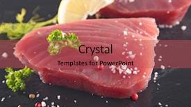  Presentation with tuna - PPT theme with fish fillet recipes - raw tuna background and a red colored foreground