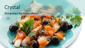  Presentation with balck - Cool new PPT theme with fish fillet with tomatoes balck backdrop and a light blue colored foreground