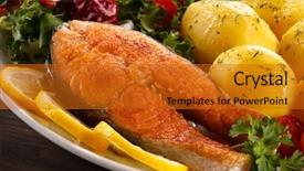  Presentation with food fish - Slides enhanced with fish food - fried salmon and vegetables background and a gold colored foreground