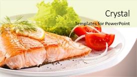  Presentation with salmon fish - Colorful PPT theme enhanced with fish food - fried salmon and vegetables backdrop and a yellow colored foreground