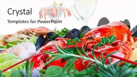 Presentation with seafood dis - Slide deck with fish lobster - fresh and delicious seafood dish background and a  colored foreground