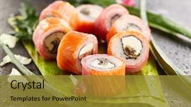  Presentation with fish tuna - Audience pleasing PPT layouts consisting of fish maki sushi - roll made backdrop and a gold colored foreground