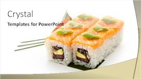  Presentation with fish tuna - Slide set with fish maki sushi - roll with tuna eel and avocado inside topped with salmon and lettuce background and a white colored foreground