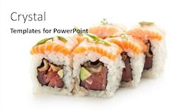  Presentation with tuna fish - Presentation enhanced with fish maki sushi - roll with tuna eel and avocado inside topped with salmon and lettuce background and a white colored foreground